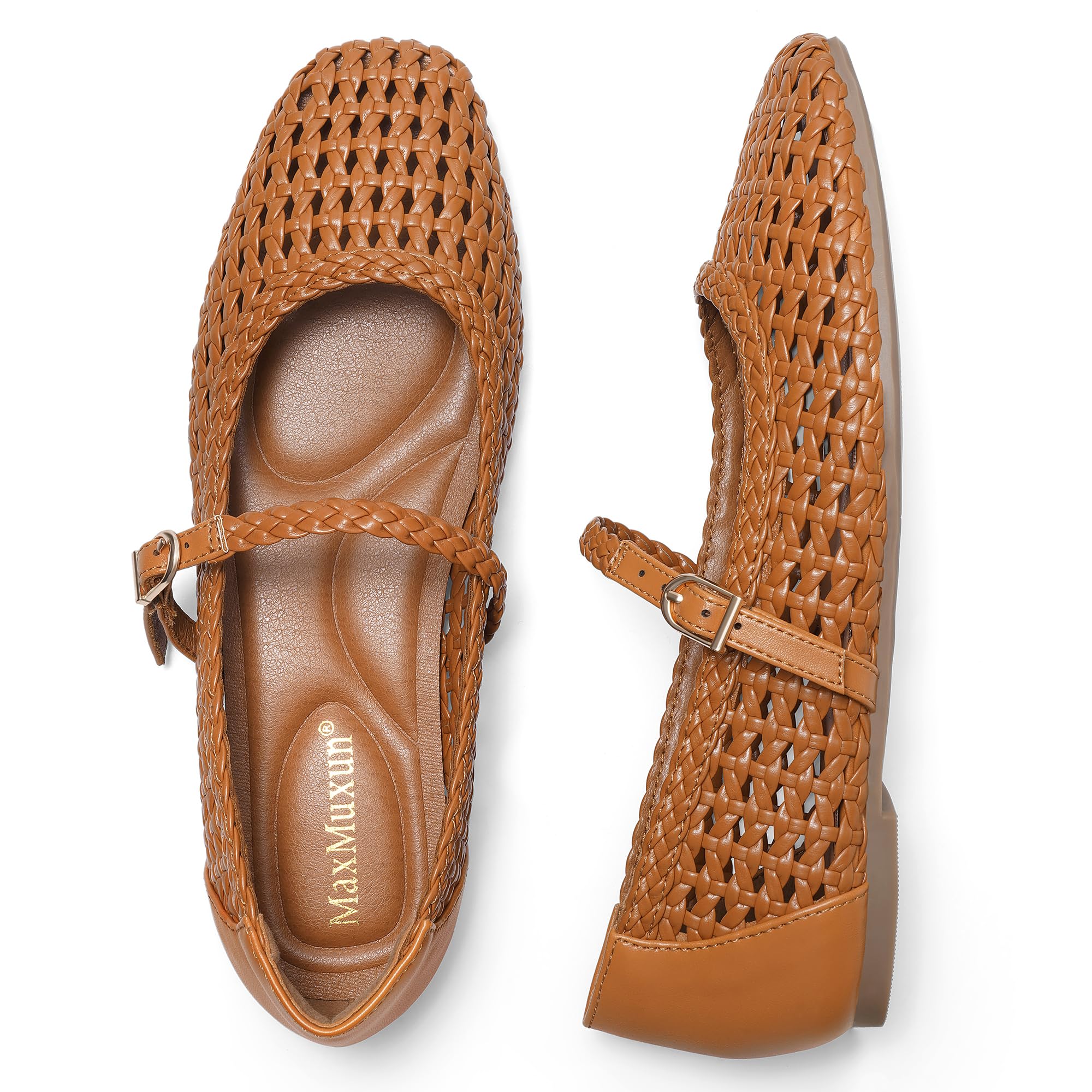 MaxMuxun Ballet Flats for Women Square Toed Mary Jane Flat Comfortable Woven Dre