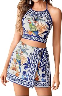 SweatyRocks Women's Tropical Halter Top and Shorts 2 Piece Vacation Outfits