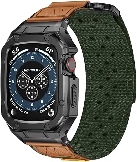 Band with Case Compatible with Apple Watch Band Series 6 5 4 SE 3 2 1 44mm 42mm, Nylon Strap with Stainless Steel Metal Rugged Case Cover for iwatch Bands for Men