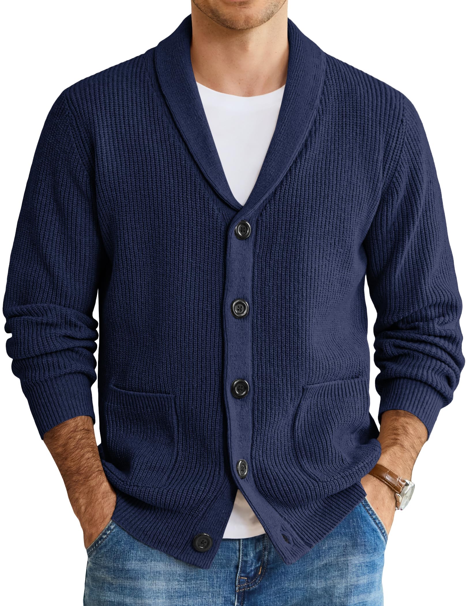 COOFANDY メンズ ショールカラーカーディガンセーター スリムフィット ケーブルニット ボタンアップ コットンセーター ポケット付き US サイズ: