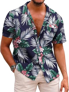 COOFANDY Men's Floral Print Button Down Short Sleeve Shirt, C- White