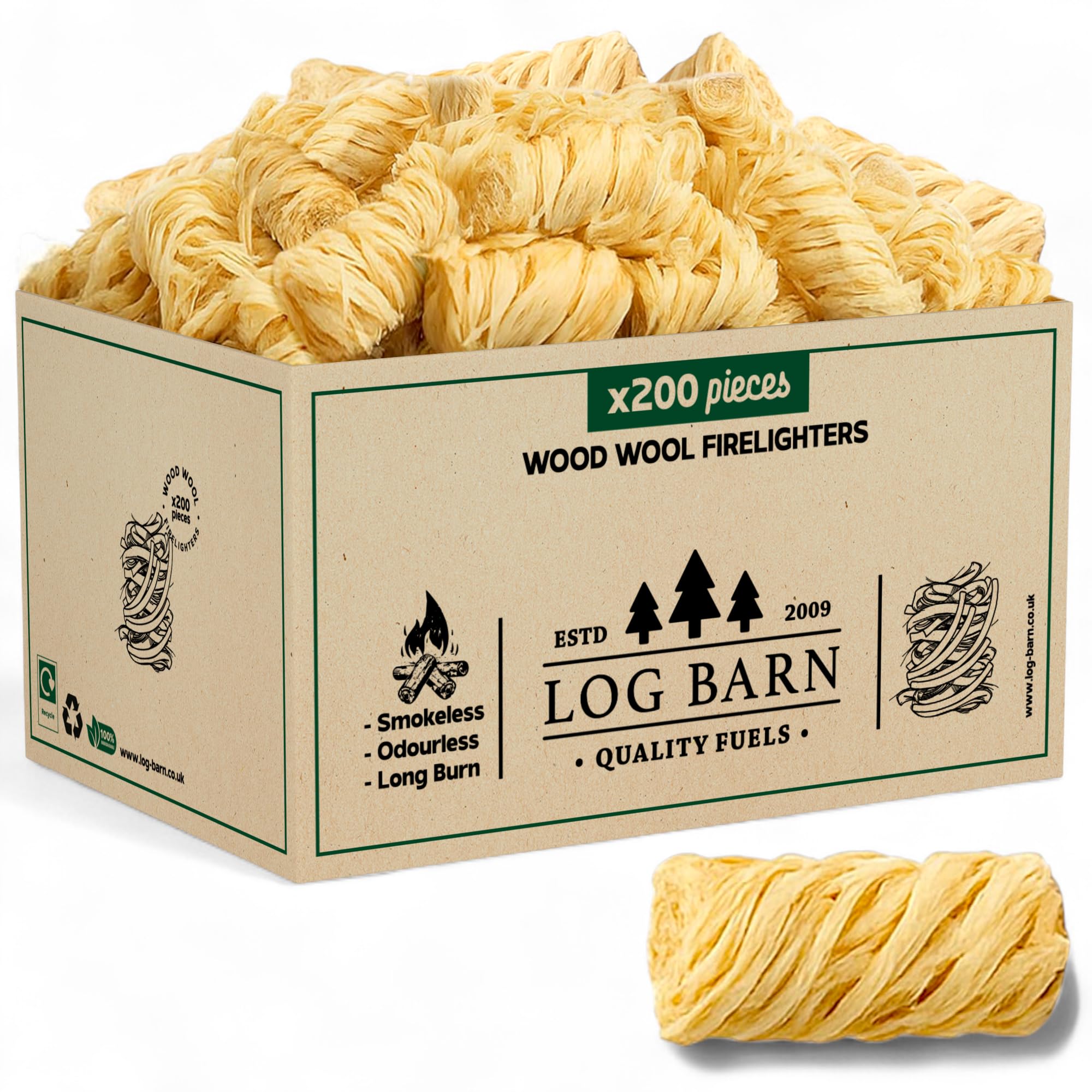 Log Barn Natural Firelighters Box of 200. Fire Lighters for Wood Burners, Pizza 