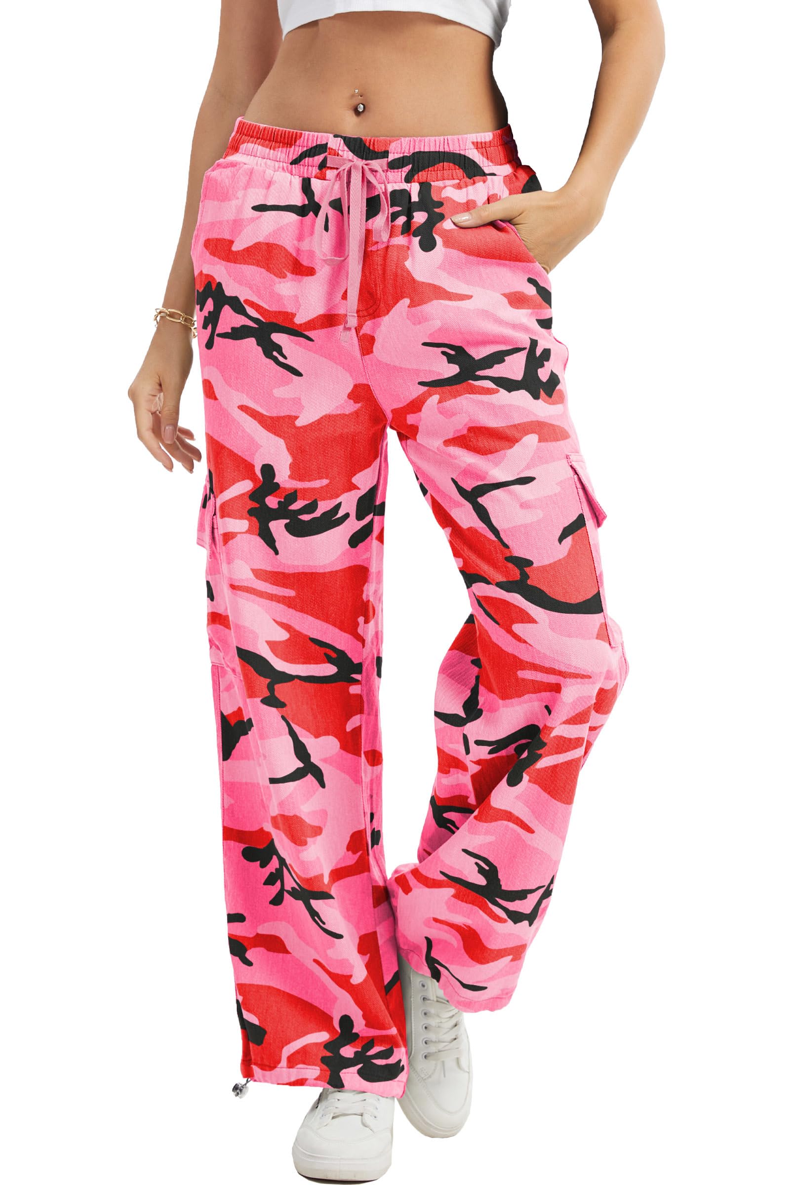 HVEPUO Camo Pants Women's High Waist Wide Leg Casual Camo Cargo Pants