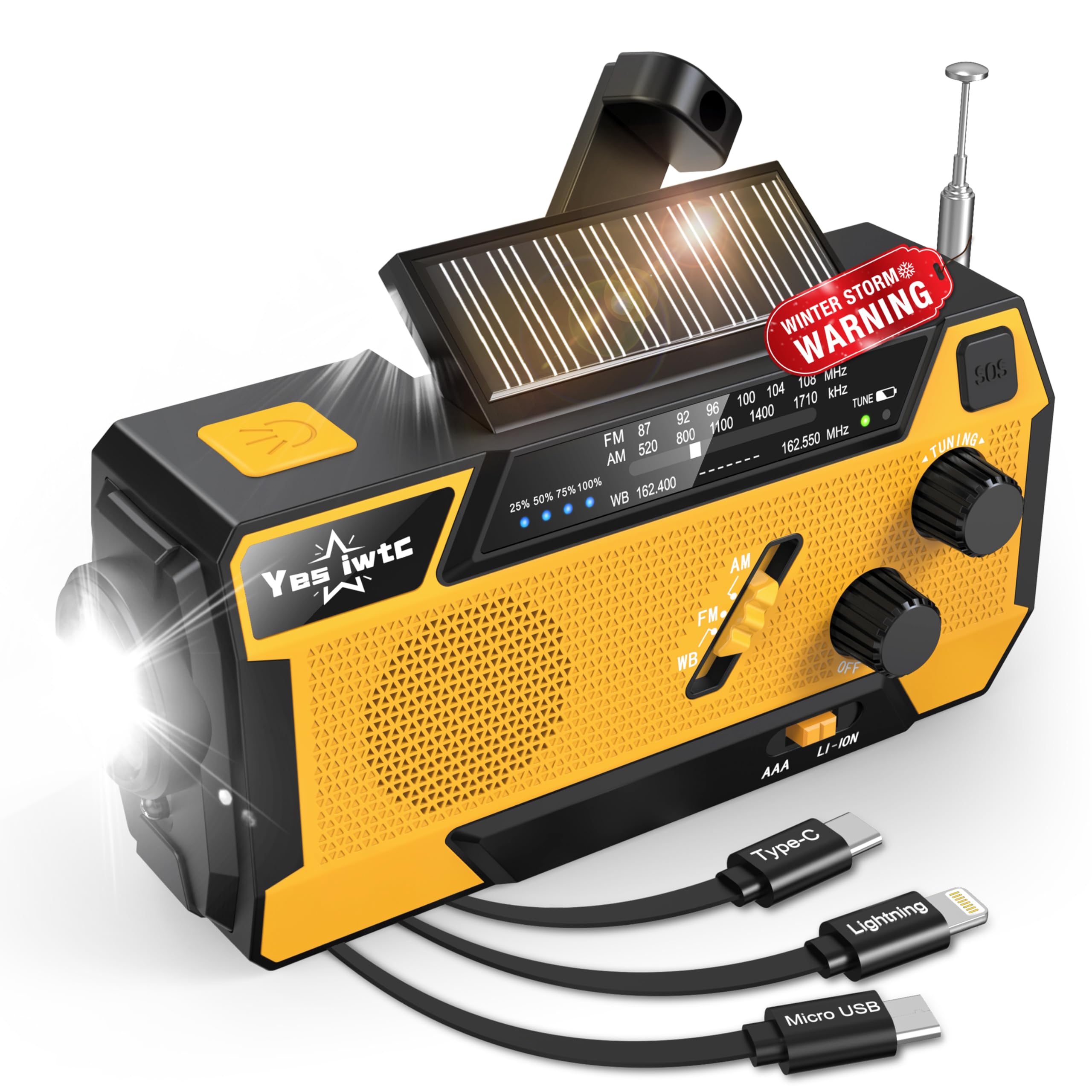 Hand Crank Emergency Radio 7400mWh (2000mAh) Solar Hand Crank Radio | Built in 3