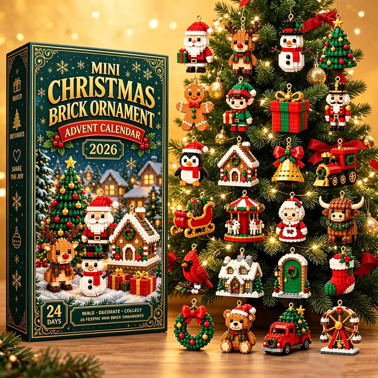 24-Day 3D Mini Christmas Brick Ornament Advent Calendar | 24 Unique DIY Building
