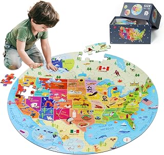 DIGOBAY United States USA Map Floor Jigsaw Puzzle 70 Pieces Ages 4-10 | Jumbo Round US Geography Puzzle 50 States with Capitals Educational Learning Toys for Boys Girl