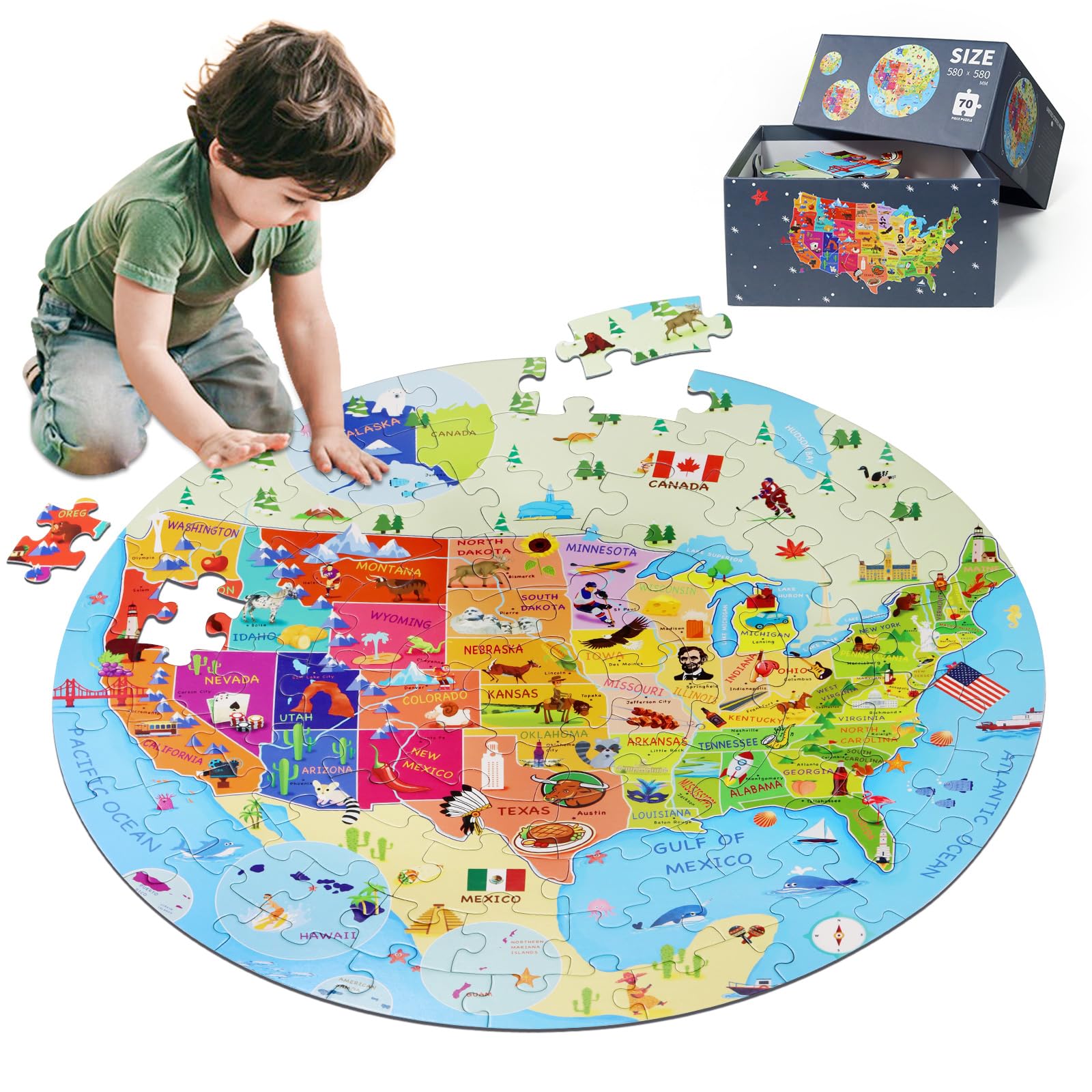 DIGOBAY United States USA Map Floor Jigsaw Puzzle 70 Pieces Ages 4-10 | Jumbo Ro