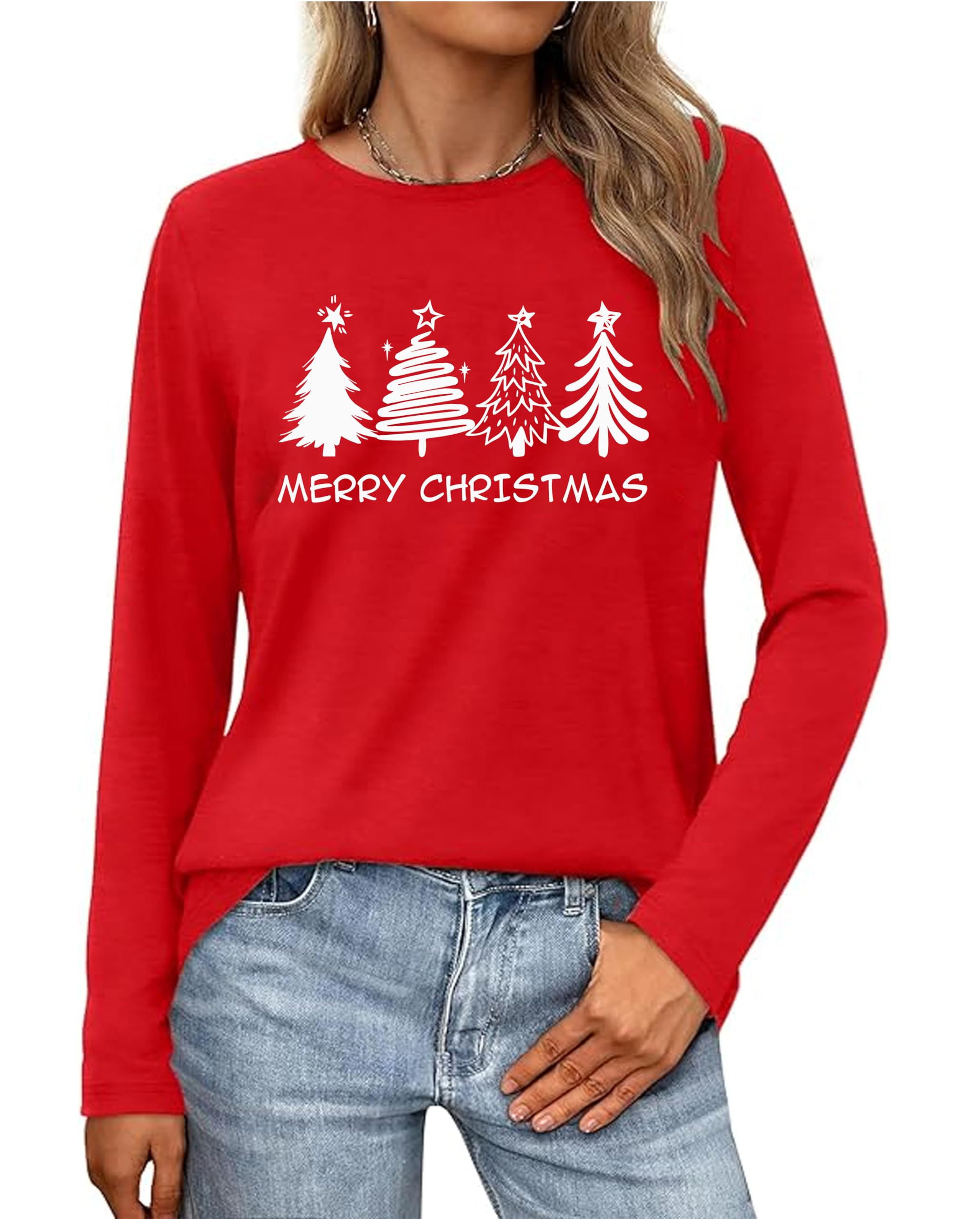 Christmas Tree Shirts for Women Xmas Graphic Vacation Long Sleeve Tops
