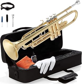 Mendini By Cecilio Bb Standard Trumpet Set for Beginners - Gold | Brass Trumpet Instrument with Hard Case, 7C Mouthpiece, Valve Oil, Cleaning Cloth & Maintenance Kit & Gloves