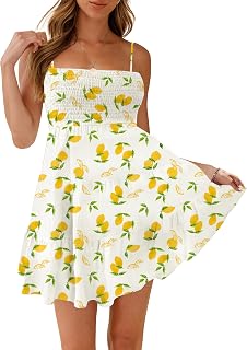 HVEPUO Women Spaghetti Strap Sleeveless Smock Cami Mini Dress Summer Flowy Boho Vacation A Line Swing Short Dresses for Women