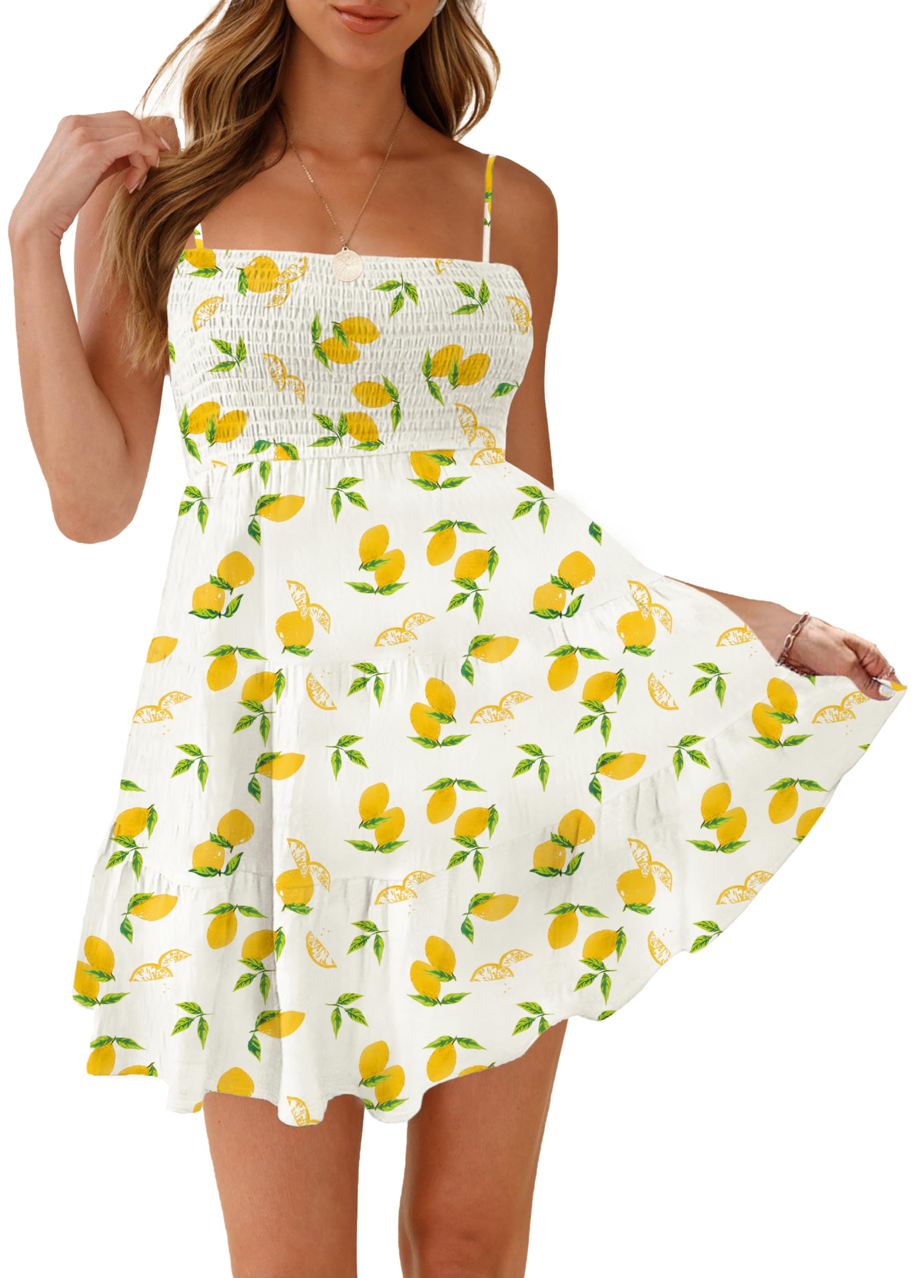 HVEPUO Women Spaghetti Strap Sleeveless Smock Cami Mini Dress Summer Flowy Boho 