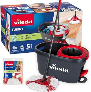 Vileda Turbo 2in1 Spin Mop & Bucket Set with Foot Pedal and Extra Refill | Telescopic Handle up to 130 cm, Hands-Free Wringing, Microfibre Mop Head, Machine Washable Refill, Corner Cleaning