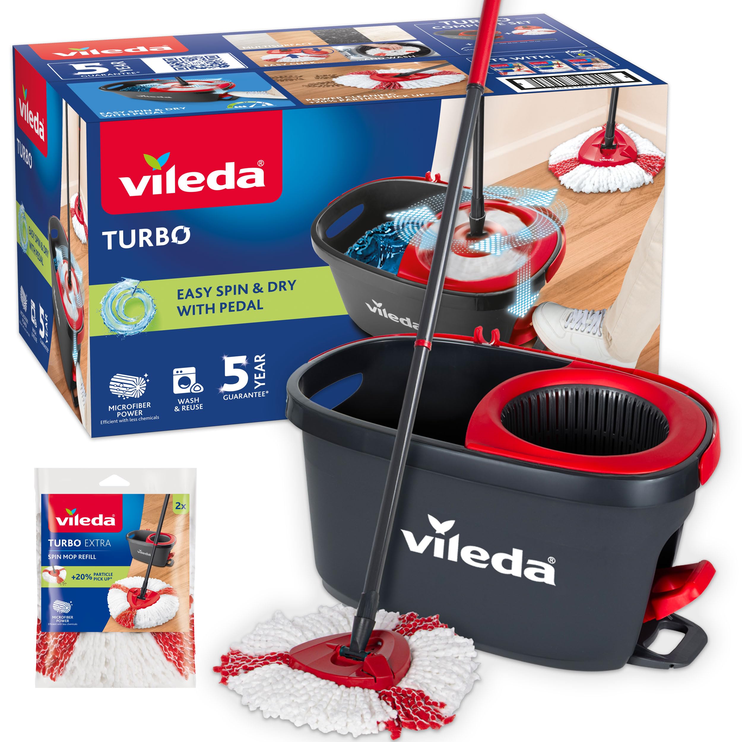 Vileda Turbo 2in1 Spin Mop & Bucket Set with Foot Pedal and Extra Refill | Teles