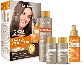 KATIVA Brazilian Keratin Straightening Kit - Alisado Brasileño Keratina + Potion 4 Heat Protectant Serum, Smoothing, Anti Frizz, Hyaluronic Acid, Argan Oil, Vegan, Up to 12 Weeks