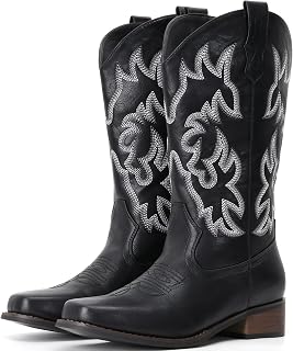 IUV Cowboy Boots For Women Square Toe Wide Suede Western Mid Calf Cowgirl Boot
