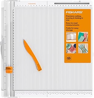 Fiskars 12" Trim &amp; Score Board, Compact Folding Paper Trimmer | TripleTrack Paper Cutter, Integrated Scoring Surface (Includes Folding Tool), Folding Design for Portable Crafting