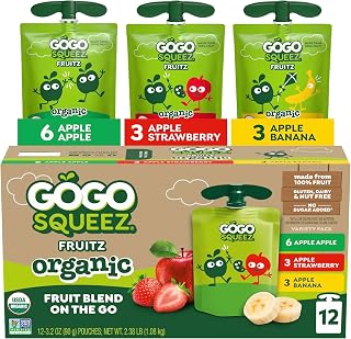 GoGo squeeZ No Sugar Added Organic Applesauce Variety Pack, 12 Count | Kids On The Go Fruit Snack with Apple, Strawberry & Banana; 3.2 Oz Pouches, Gluten and Nut Free, Recloseable Cap, BPA-Free