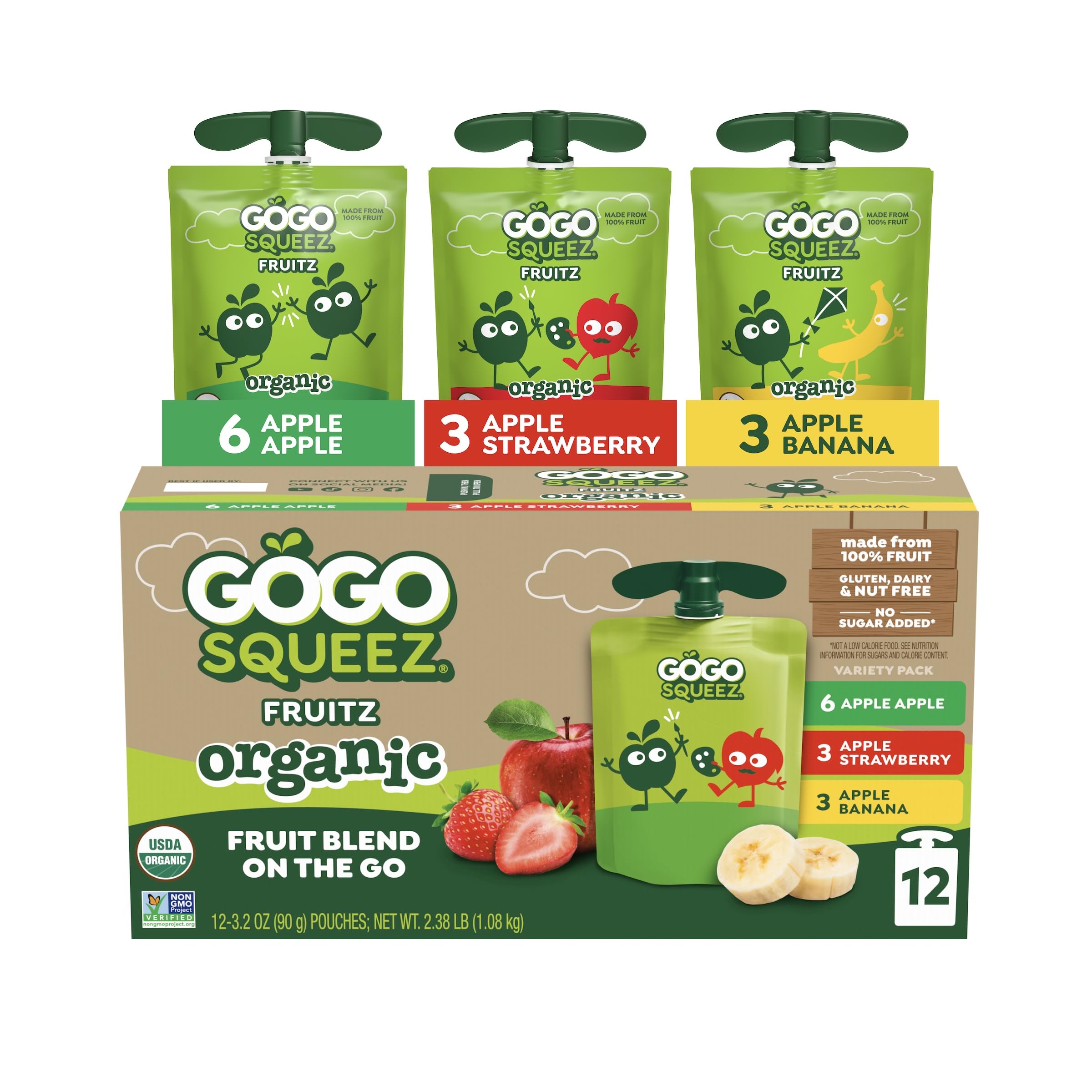 GoGo squeeZ No Sugar Added Organic Applesauce Variety Pack, 12 Count | Kids On T