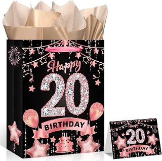 LUUFILx Rose Gold 20th Birthday Gift Bag for Girls Party Favor Bags with Wrapping Paper Card Rose Gold Christmas 20 Birthday Gift Wrap Bag for 20 Years Old Party Decorations Supplies