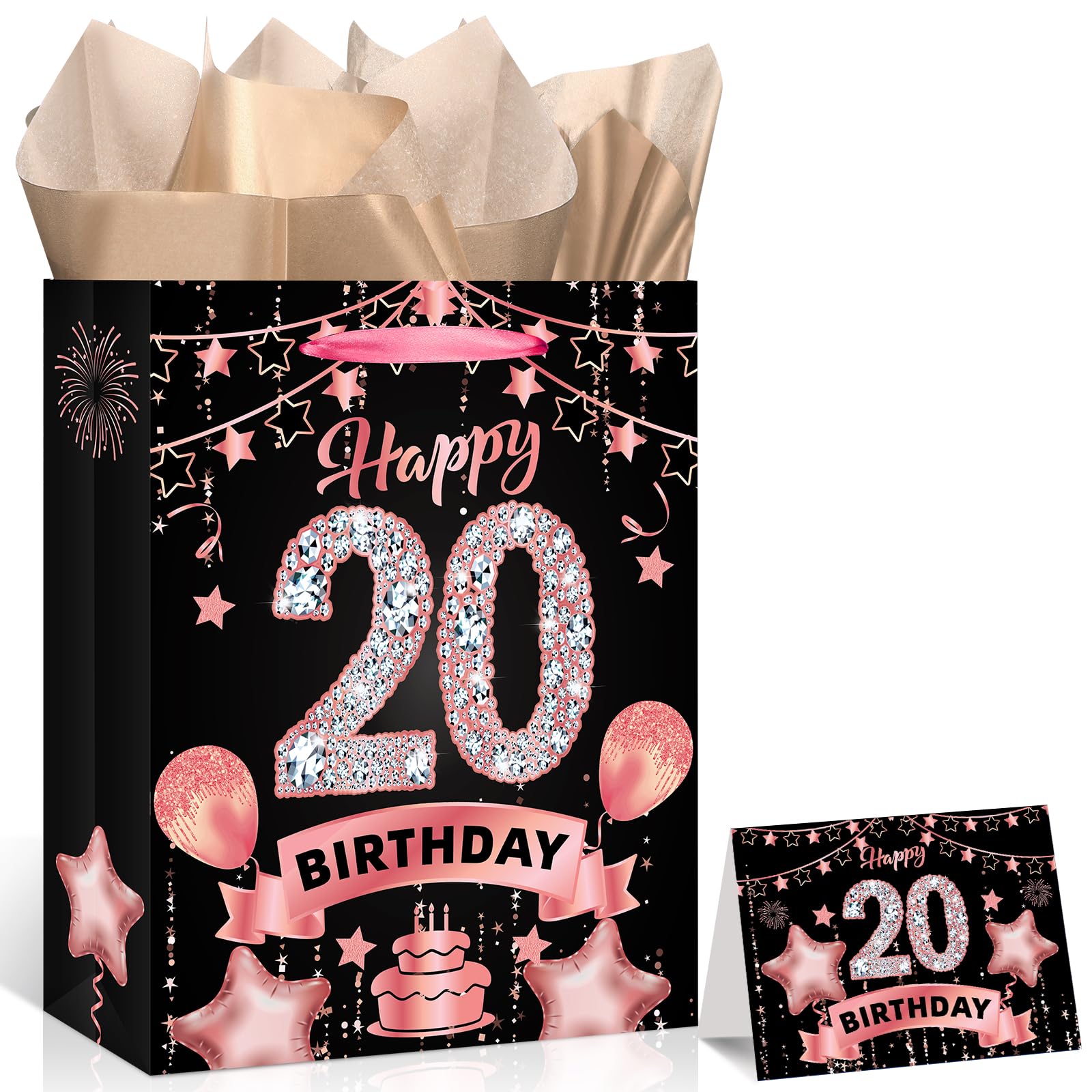LUUFILx Rose Gold 20th Birthday Gift Bag for Girls Party Favor Bags with Wrappin