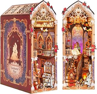 Tonecheer DIY Book Nook Kit 3D Wooden Puzzle Fairy Tale Miniature House | Music Booknook for Adults, Enchanted Rose Bookend Bookshelf Decor Mini Dollhouse Diorama with Dust Cover and LED Ideal Gifts