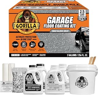 Gorilla Epoxy Garage Floor Coating Kit, 12 Pieces, 550 sq. ft. Coverage | High Gloss Gray Finish, 100% Solids, Superior Adhesion, Incredibly Durable, Ideal for Concrete Flooring