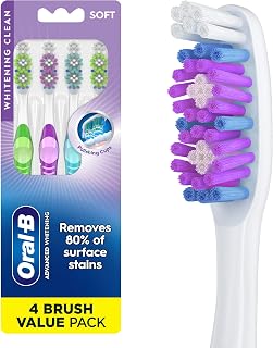 Oral-B 3D White Manual Toothbrush, 4-Pack, Stain Eraser, Soft Bristle Brushes, Adult Teeth Whitening, Daily Plaque Removal, Built-in Tongue Scraper Cheek Cleaner, Travel Size Toiletries
