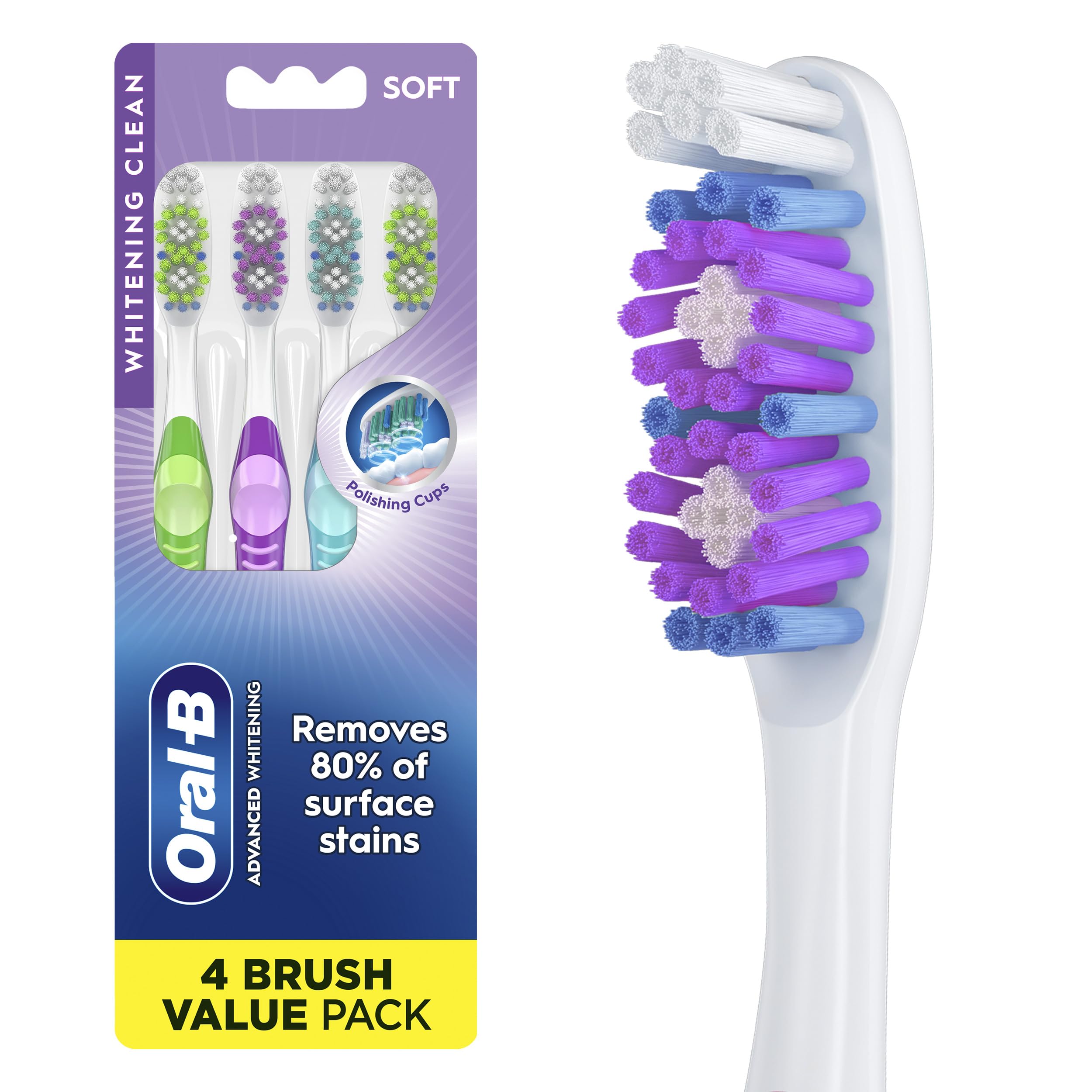 Oral-B 3D White Manual Toothbrush, 4-Pack, Stain Eraser, Soft Bristle Brushes, A