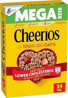 Cheerios, Heart Healthy Gluten Free Breakfast Cereal, Mega Size, 24 oz | 100% Whole Grain Oats, Soluble Fiber for Cholesterol, 34g Whole Grain, 11 Vitamins & Minerals