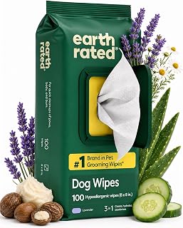 Earth Rated Hypoallergenic Dog Wipes for Cleaning and Eliminating Odors from Paws, Body and Butt, Puppies and Adult Dogs, Lavender Scent, 100 Count