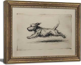 Vintage Gold Framed Wall Art Antique Terrier Sketch Wall Art Running Dog Wall Decor Picture Classic Minimalist Line Dog Poster Print for Living Room Bedroom 9x11in