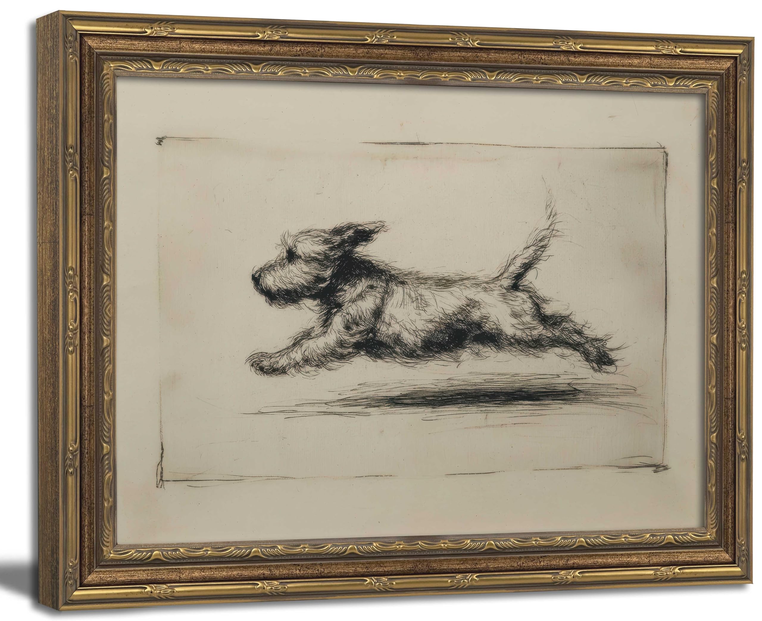 Vintage Gold Framed Wall Art Antique Terrier Sketch Wall Art Running Dog Wall De