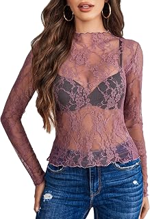 Avidlove Women Mesh Blouse Long Sleeve Mock Neck Sheer Floral Lace
