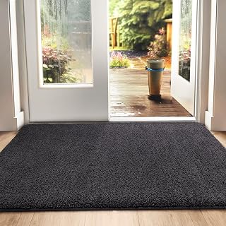 DEXI Dirt Trapper Indoor Door Mat 50 x 80 cm, Black-Grey | Super Absorbent, Non Slip Backing, Machine Washable, Low Profile, Entrance Mat for Front Door, Entryway, Muddy Shoes & Paws