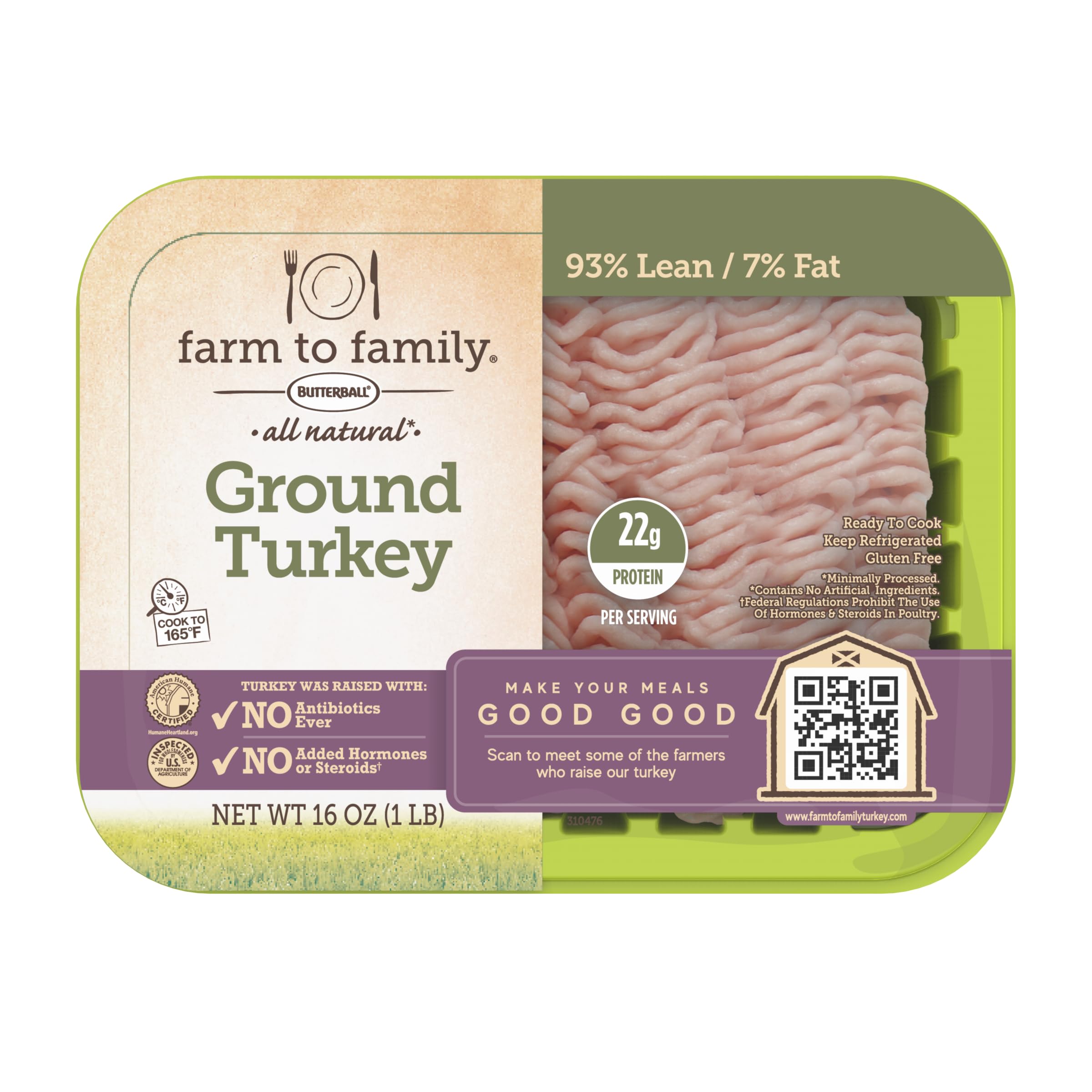 Farm to Family by Butterball, Fresh 93%/7% Lean Ground Turkey, No Antibiotics Ev
