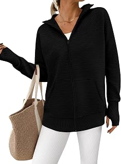 PRETTYGARDEN Autumn 2025 Women Cardigan Long Sleeve Zip Casual Sweaters Loose Collar Ribbed Tops Jackets Thumb Hole