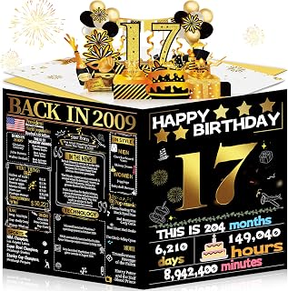 Joycard 17th Birthday Card for Girl Boy, 3D Pop Up Happy Birthday Gift for Daughter Son, Funny 17 Year Old Birthday Decorations for Grandson Granddaughter, Back in 2009 Laser Gold Retro Theme