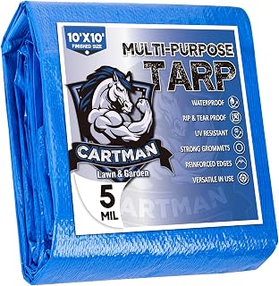 CARTMAN 10x10Ft Multipurpose Waterproof Poly Tarp Cover 5 Mil, Blue | Reinforced edges, metal grommets every 36in, 8x8 weave; great for moving, temporary shelter and short-term outdoor coverage
