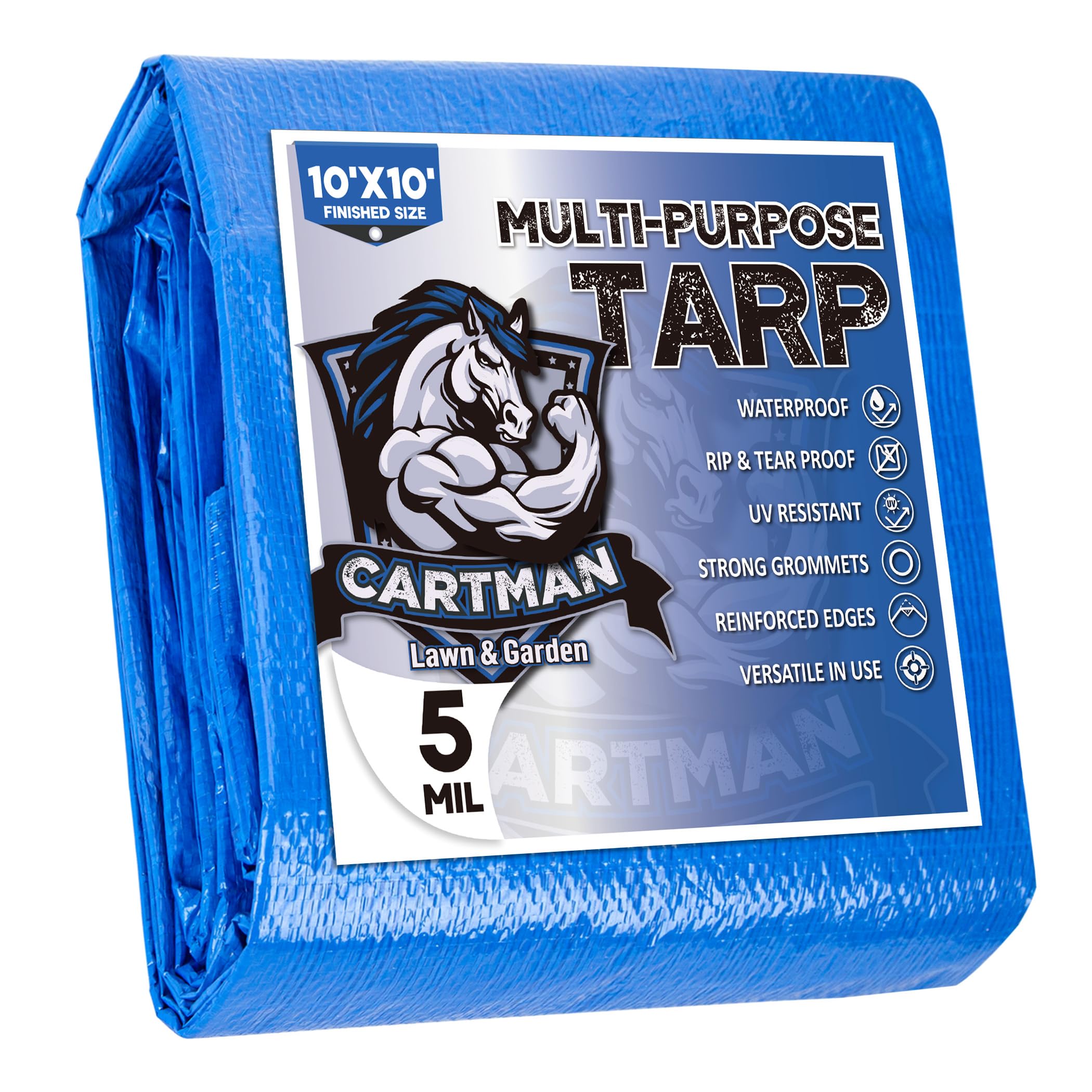 CARTMAN 10x10Ft Multipurpose Waterproof Poly Tarp Cover 5 Mil, Blue | Reinforced