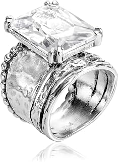 JEAN RACHEL JEWELRY 925 Sterling Silver Statement Ring With A White Octagon Shaped Cubic Zirconia CZ, Vintage Antique Look, Artisan Handcrafted Designer collection