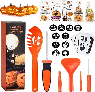 SKINOSM Pumpkin Carving Kit for Kids, 6 Easy Halloween Pumpkin Carving Tools Set, Stainless Steel Pumpkin Carving Tools,10 Carving Stencils & 20 Halloween Cellophane Candy Bags