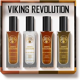 Viking Revolution Mens Cologne Sampler Set - Travel Size 0.68 fl oz(4 Pack) | Travel Size Fragrances - Includes Sandalwood, Spiced Vanilla, Coffee Whiskey &amp; Sweet Tobacco - Gift Set for Men