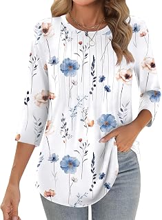 Zeagoo 3/4 Sleeve T Shirts for Women Round Neck Loose Fit Pleated Cute Elegant Casual Summer Tops 2025
