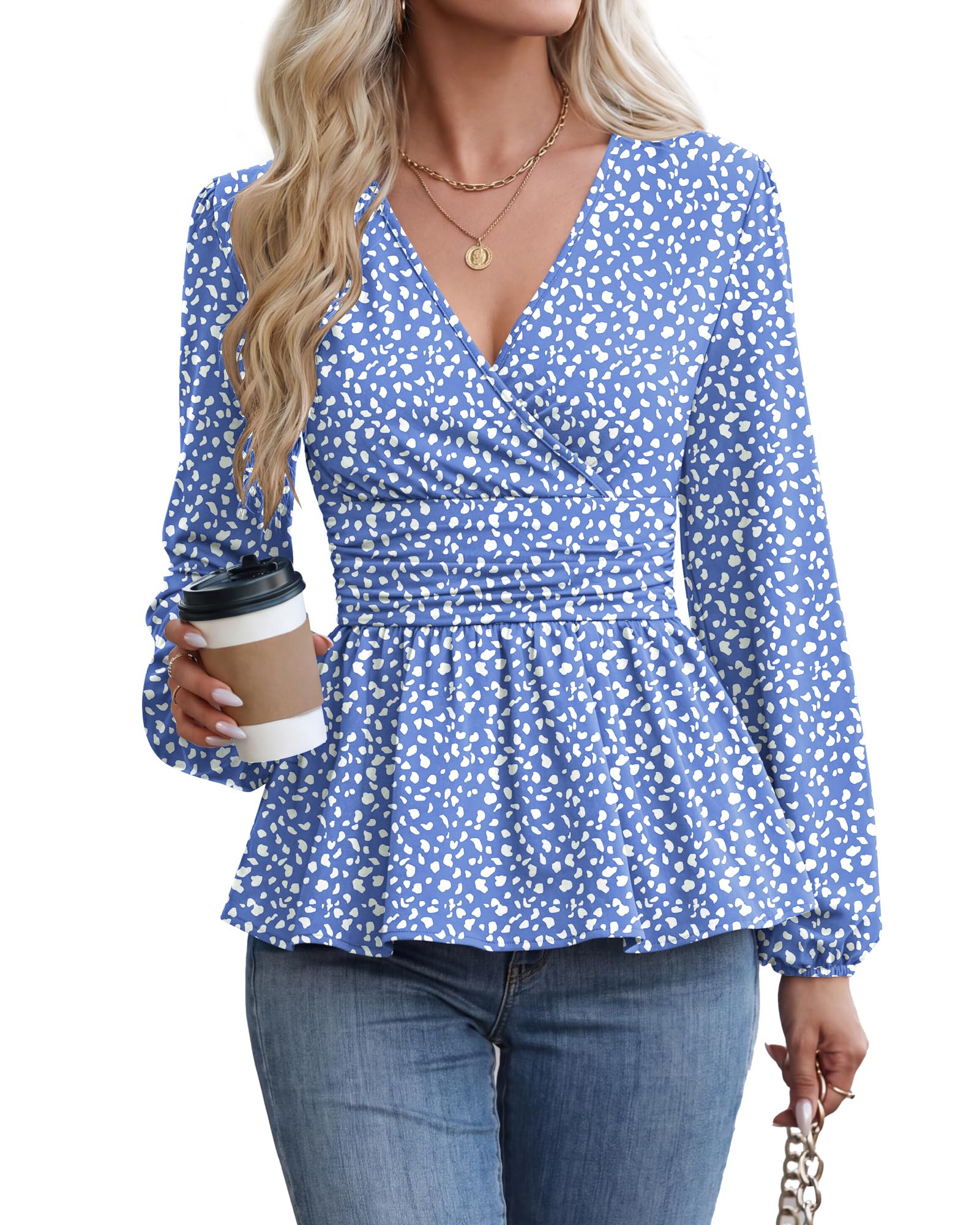 MOLERANI Women Peplum Tops Wrap V Neck Blouses Long Sleeve Shirts