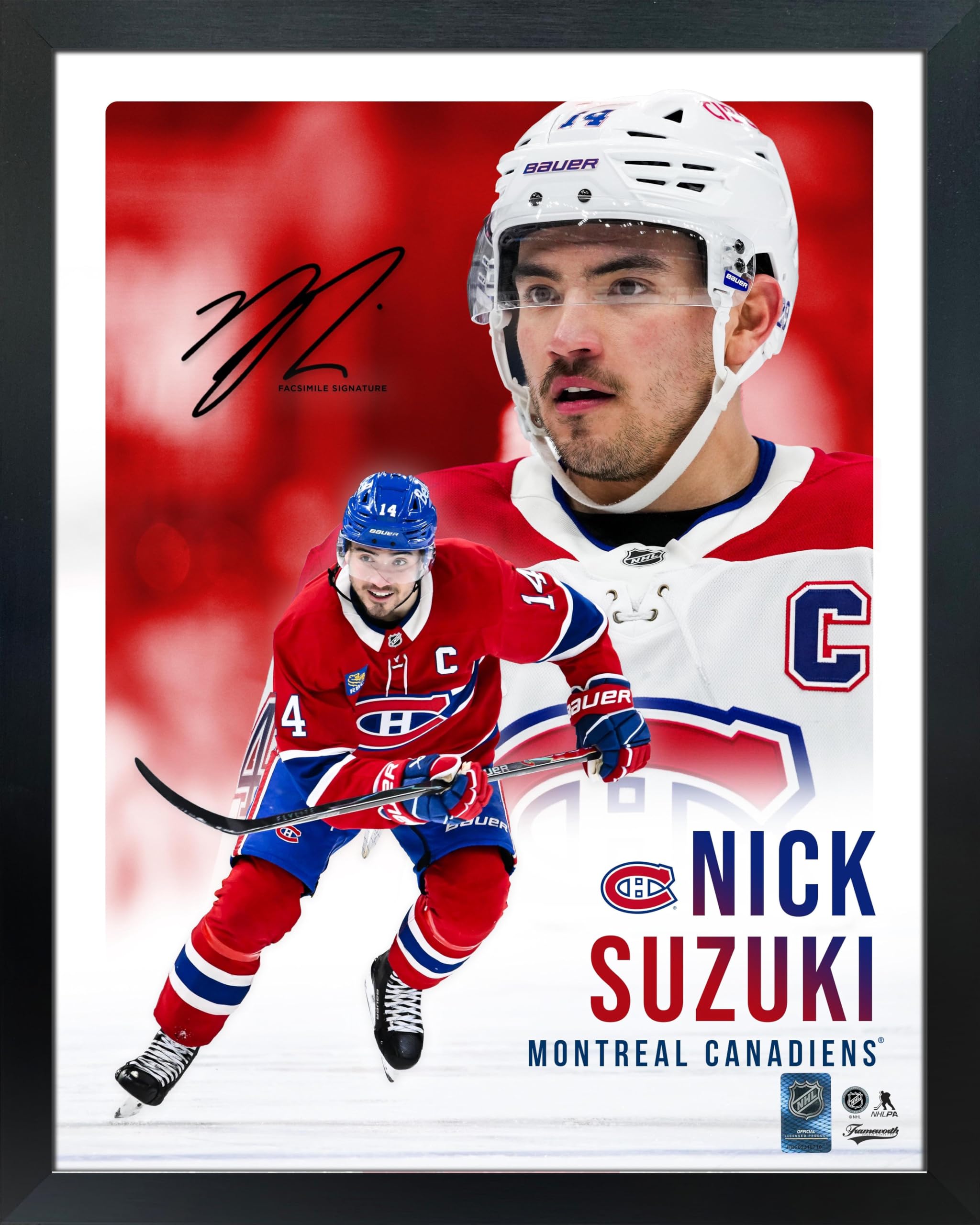 Frameworth Nick Suzuki Montreal Canadiens 16x20 Portrait Collage Frame - Captain Facsimile Signature - Officially Licensed NHL - Made in Canada