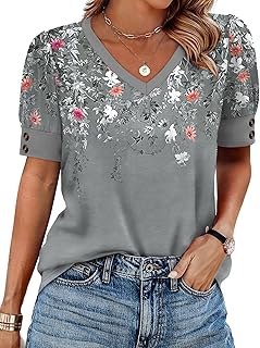 OFEEFAN Womens Tops Short Sleeve Shirts Buttons V Neck Spring Fashion Summer Outfits Plus Size Blouses Dressy Casual