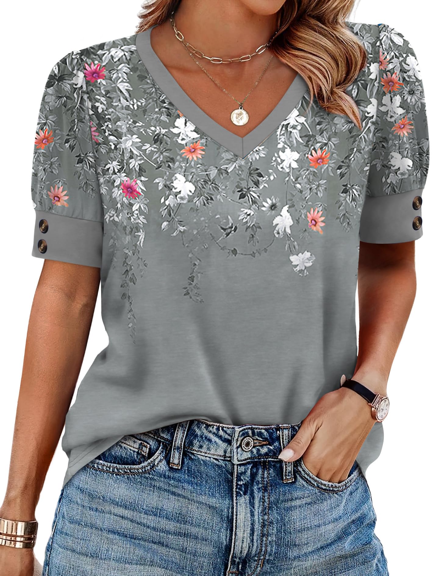 OFEEFAN Womens Tops Short Sleeve Shirts Buttons V Neck Spring Fashion Summer Out