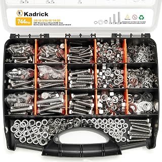 KADRICK 744PCS Stainless Steel Hex Bolt Kit,Size SAE 1/4-20 5/16-18 3/8-16 | Heavy-Duty Storage Box,Length from 1/2''-2''，304 Stainless Steel,Assorted Bolts with Nuts Flat & Lock washers