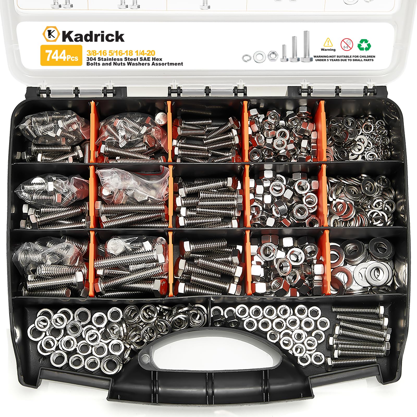 KADRICK 744PCS Stainless Steel Hex Bolt Kit,Size SAE 1/4-20 5/16-18 3/8-16 | Hea