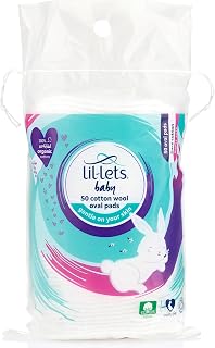 Lil-Lets Baby Cotton Wool Oval Pads, Certified Organic, 100% Pure Cotton Wool, Soft and Absorbent, Gentle on Baby's Delicate Skin, Dermatologically Tested, Ideal for Newborns, Pack of 50 Oval Pads